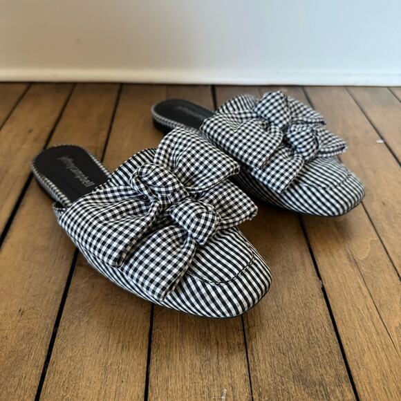 Jeffrey Campbell Black and White Gingham Plaid Bow Mules Slides 6.5 - Picture 3 of 11